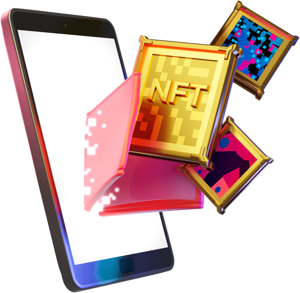 Móvil con placa NFT y piezas de arte digital saliendo de su pantalla