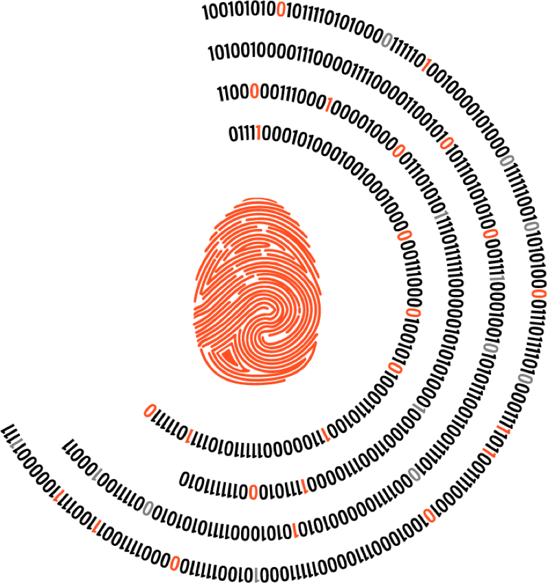 Huella digital rodeada de varias líneas de código binario